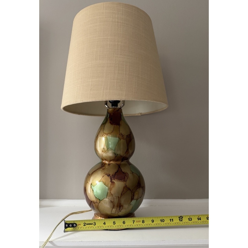 Decorative Gourd Table Lamp Green Gold Brown Glaze Ceramic Style w Shade - Picture 8 of 9